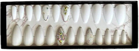 Set 24 Press-on False Nails Ballerina Glossy White Rhinestones