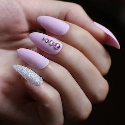 Set 24 Matte Pink Almond Self-adhesive False Nails Rhinestones