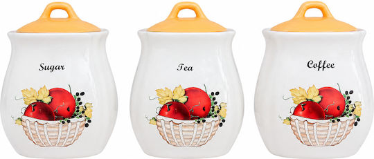 Kitchen Set 3 Pieces Porcelain Jars for Coffee / Tea / Sugar with Lid Brown 12x13cm 3 Pieces