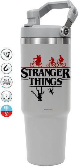 Koupakoupa Stranger Things Upside Down Handled Tumbler Stainless Steel Thermos Bottle 890ml Gray with Straw and Handle
