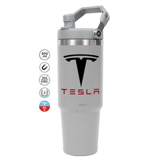 Koupakoupa Tesla Motors Чаша Термос Неръждаема Стомана 890мл Сива с Сламка и Дръжка