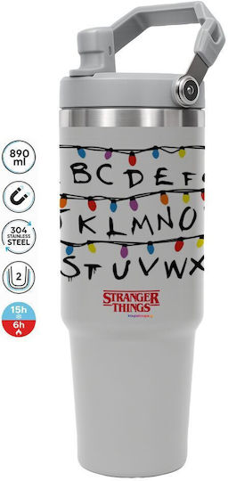 Koupakoupa Stranger Things ABC Handled Tumbler Stainless Steel Thermos Bottle 890ml Gray with Straw and Handle
