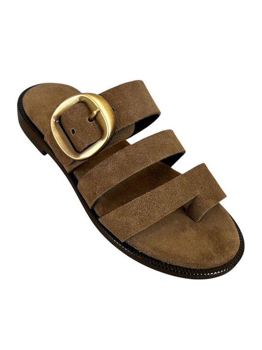 Leather Women's Flat Sandals Brown