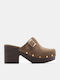Suede Mules With High Heel In Khaki Colour