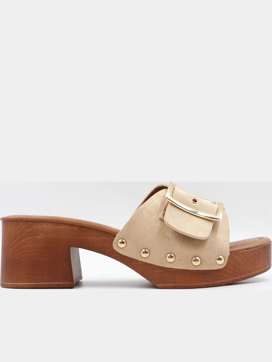 Mules With Heel In Beige Colour