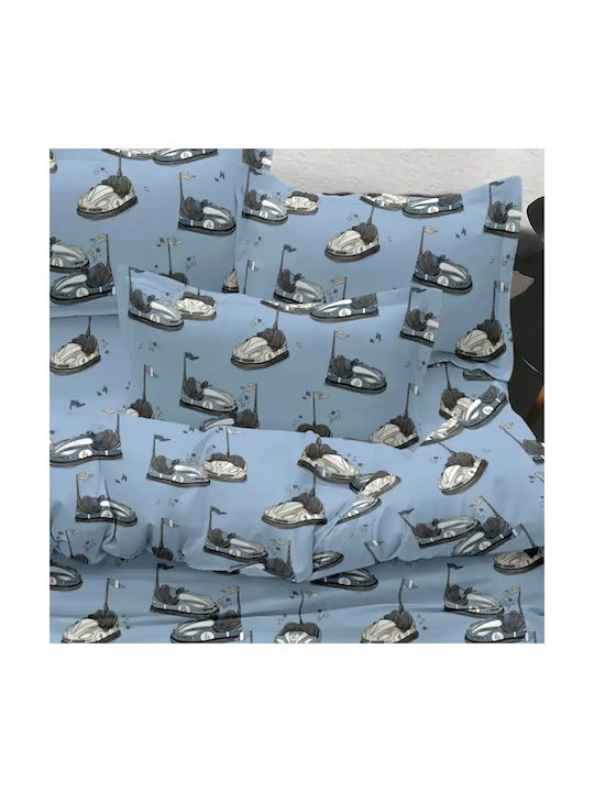 Borea Kids Sheets Set Single Cotton Bumping Cars Light Blue 160x250cm 3 Pieces