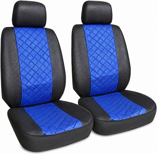 Set Car Seat Covers For Front Seats 4 Pieces Universal Blue Black Pvc & Quilted Sponge Design