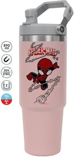 Koupakoupa Spiderman Kid Handled Thermos Stainless Steel 890ml Pink with Straw and Handle