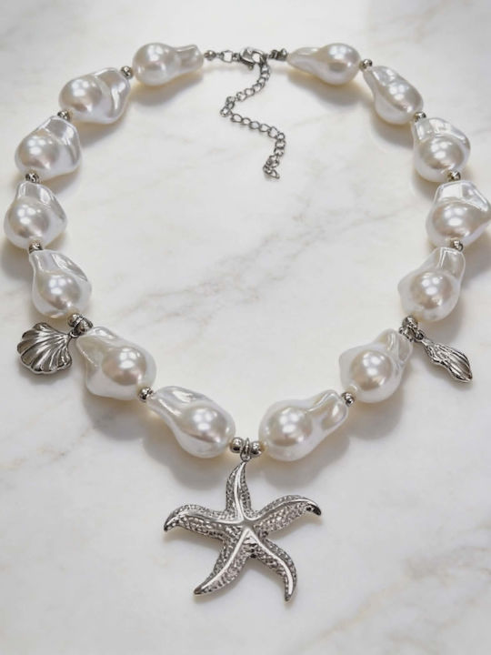 Baroque Pearl Necklace With Starfish Pendant Silver