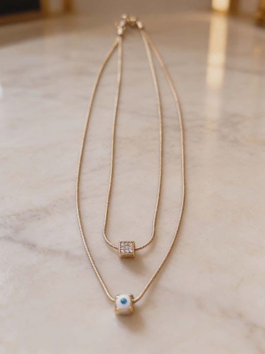Double Layer Necklace With Evil Eye & Crystal Pendant Gold Stainless Steel