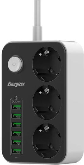 Energizer Power Strip 3 Sockets with 6 USB-A Switch and 2m Cable 8 Pieces