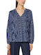 Women's Cotton Long Sleeve Top with V-Neck Blue
