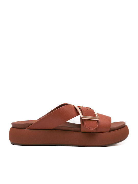 Кожени Дамски Сандали Flatforms Тютюнев