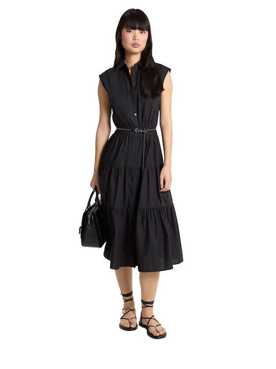 Rochie De Vară Pentru Femei Midi Rochie-Cămașă Fără Mâneci Neagră