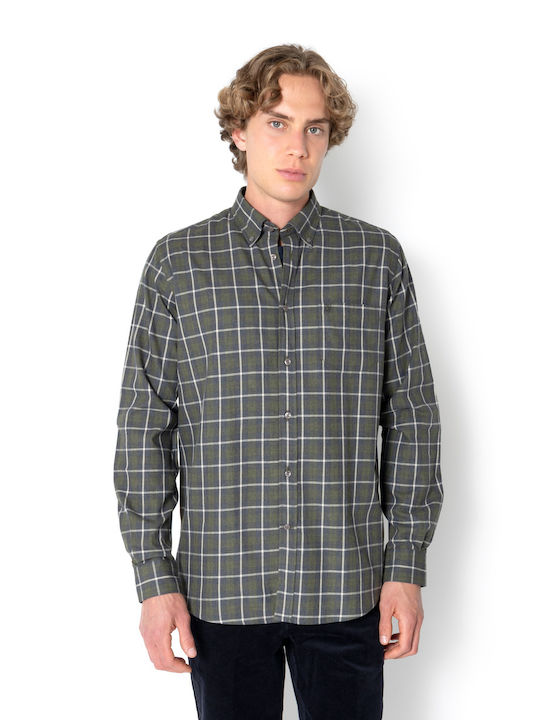 Copley Μακρυμάνικo Φανελένιο Overshirt σε Κανονική Γραμμή Καρό Λαδί