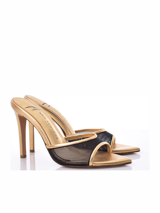 Leather Mules With High Heel In Gold Colour