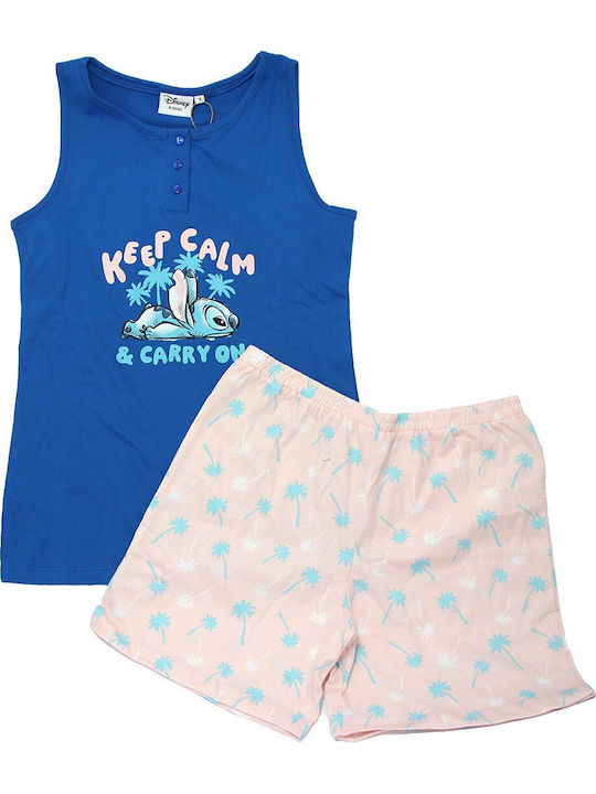 Disney Summer Women's Pyjama Set Cotton Blue Stitch Keep Calm