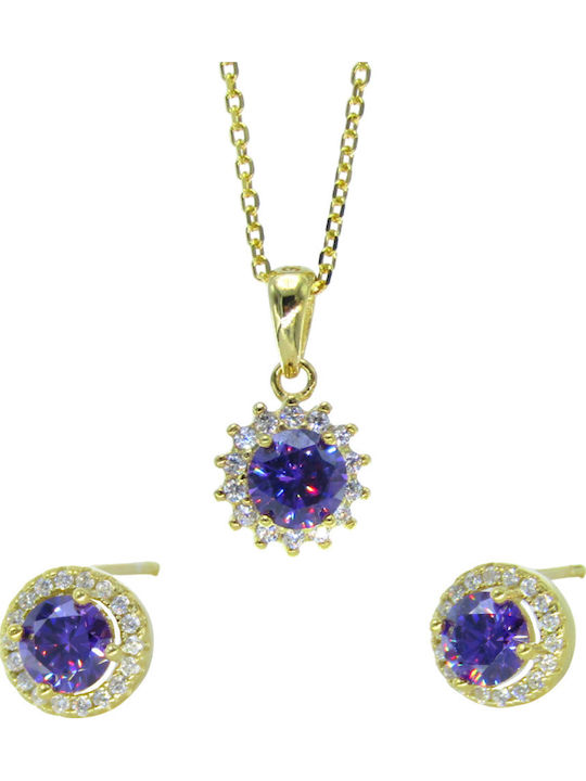 Silver And More Set with Gold Plated Silver Necklace & Earrings with Stones