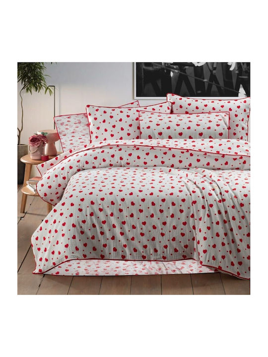 Pucioasa Set Huse Pentru Pilote 100% Bumbac 180x200cm Semidublu Cu Față De Pernă Și 1 Cearceaf Red Hearts