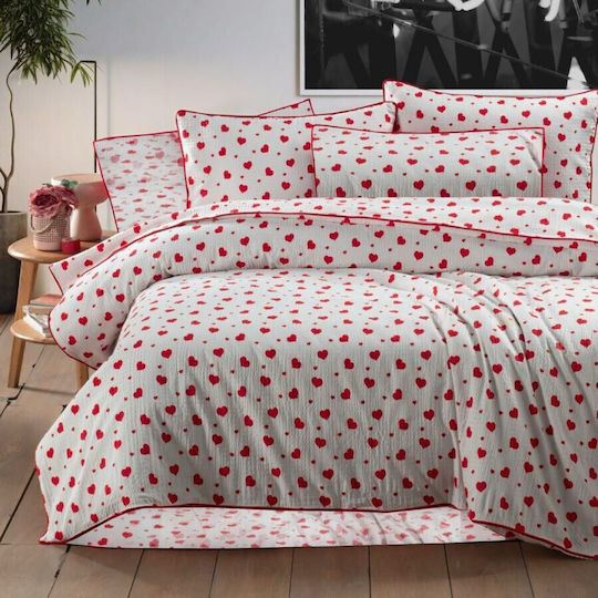 Pucioasa Σετ Παπλωματοθήκη Βαμβακερή 180x200cm Ημίδιπλη με Μαξιλαροθήκη & 1 Σεντόνι Red Hearts