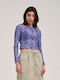 Women's Crop Top Long Sleeve Floral Dark Blue