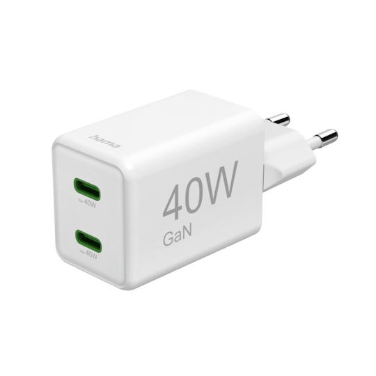 HAMA Incarcător Fără Fir GaN Cu 2 Porturi De Ieșire USB-C 40W Livrarea Energiei Alb