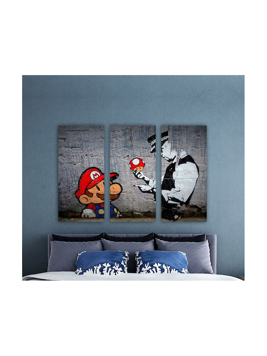 Canvas Painting Mario Mushrooms Banksy Threefold Triptych 60x40 Cm 3 Pieces 20x40cm