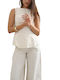 Women's Cotton Sleeveless Striped Ecru-Black Blouse