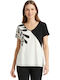 Women's Blouse with V-Neckline Floral Black and White