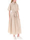 Summer Maxi Shirt Dress Short Sleeve Beige