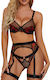 Rylie 4 Piece Lingerie Set Sheer Underwire Embroidered Floral Polka Dot Garters & Thong