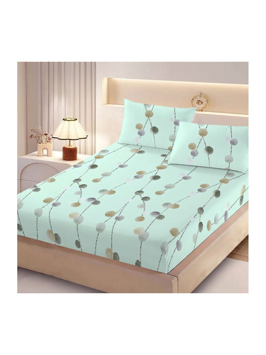 Pucioasa Set Cearceafuri De Pat Super Duble Cu Hugger Din Cauciuc 160x200cm Verde Cu Buline (3 Buc)