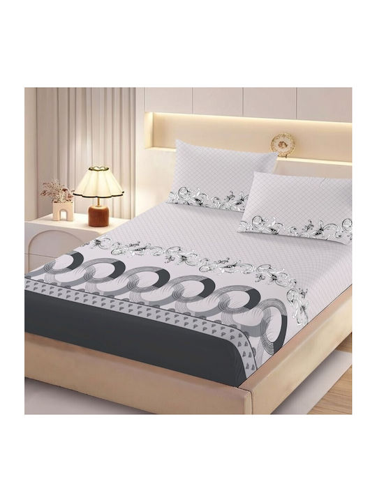 Pucioasa Set Cearceafuri De Pat Cu 2 Fețe De Pernă Superdublu Cu Hugger Din Cauciuc 160x200cm Cercuri Gri 3 Bucăți
