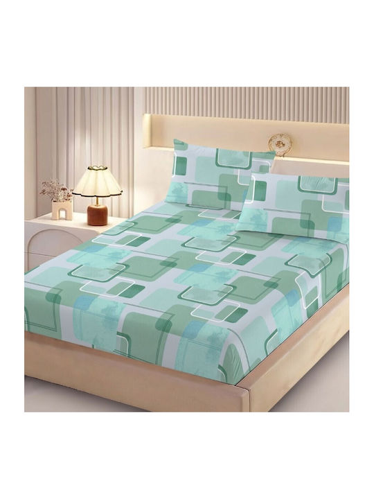 Pucioasa Set Cearceafuri de Pat cu 2 Fețe de Pernă Pentru Pat Dublu cu Hugger din Cauciuc 160x200cm Pătrate Verzi (3 Bucăți)