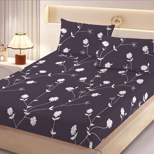 Pucioasa Bed Sheet Set With 2 Pillowcases Double With Rubber Hugger 160x200cm White Flowers 3 Pieces