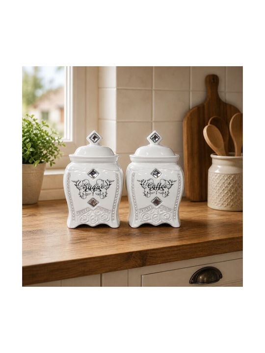 Set of 2 White Brown Sugar Storage Jars Ceramic Lid 11x12cm Royal Diamond Galifas