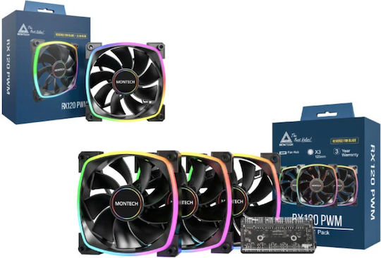 Montech Reverse Blade Case Fan 76.2mm 1600rpm 59cfm with ARGB Lighting and 3-Pin / 4-Pin PWM Connection 3pcs