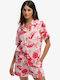 Shirt Shirt Short Sleeve Women's Denim Shirt Ikat Floral Red
