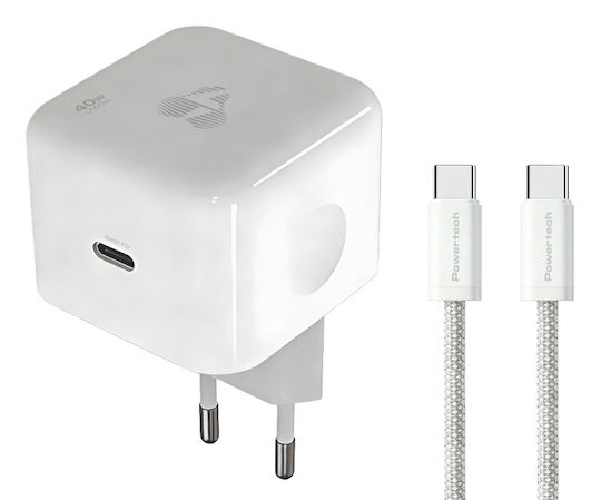 Powertech Φορτιστής GaN με Θύρα USB-C και Καλώδιο USB-C - USB-C 60W Power Delivery / Quick Charge 3.0 Λευκός (PT-1581)
