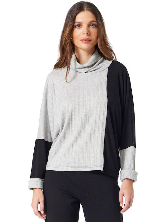 Bluza Damă Pulover Mânecă Lungă Cu Guler Înalt Gri