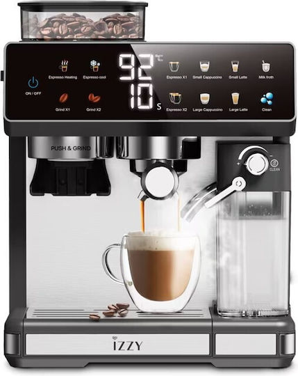 Izzy IZ-6028 Αυτόματη Μηχανή Espresso 1450W Πίεσης 20bar για Cappuccino με Μύλο Άλεσης Ασημί 225253