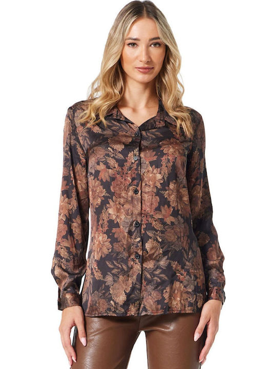 Long Sleeve Women's Satin Shirt Brown Floral