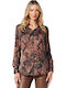 Long Sleeve Women's Satin Shirt Brown Floral