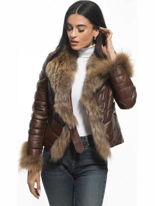 Leather Women's Jacket for Winter Brown