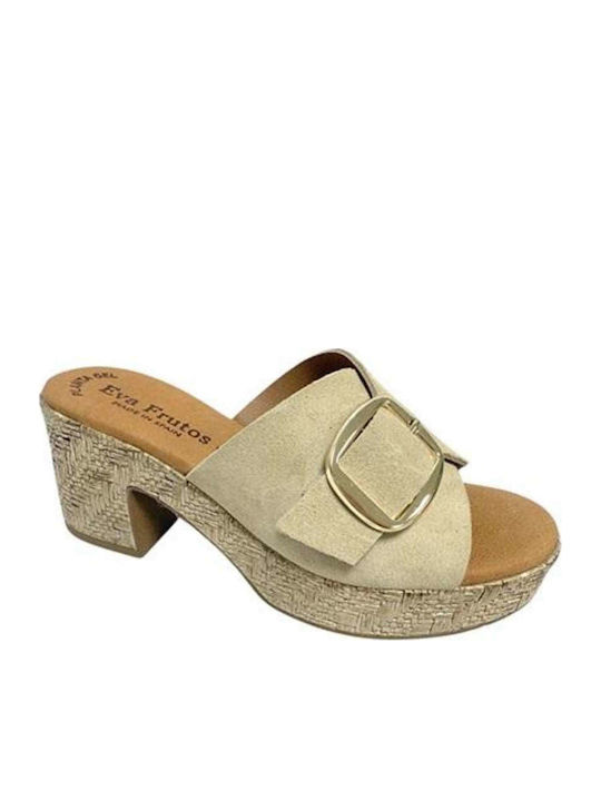 Eva Frutos Leather Mules with Heel in Beige Colour