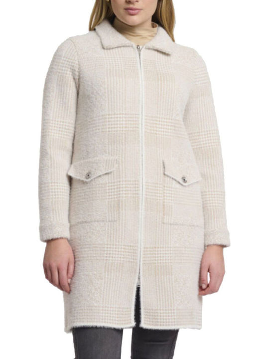 Women's Checked Ecru Coat with Zipper