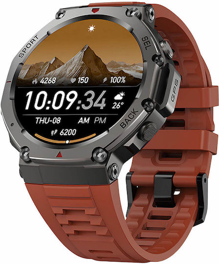 Microwear DM58 GPS 45mm Smartwatch με Παλμογράφο (Red Silicone)