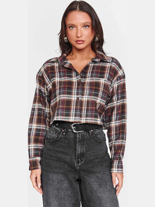 Long Sleeve Women's Shirt Brown Checked