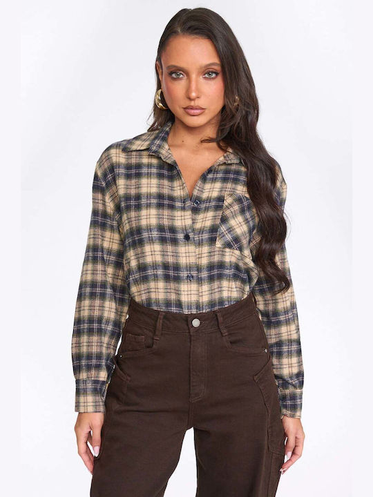 Decoro Long Sleeve Women's Shirt Navy Blue Checked
