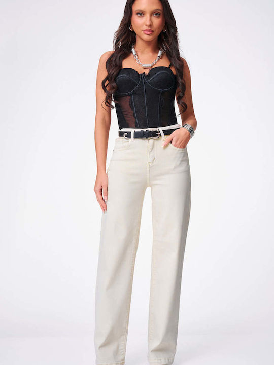 Decoro Women's Jean Pants in Wide Leg Style Beige